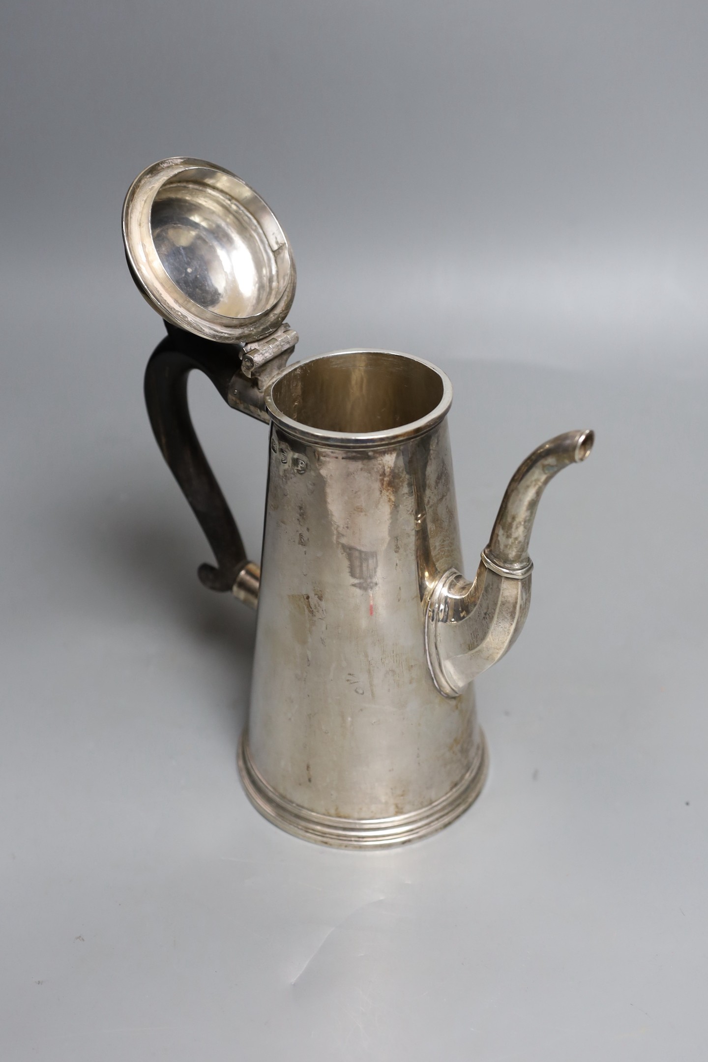 A George II silver coffee pot, Thomas Farren, London, 1730, 24cm, 28.8oz.